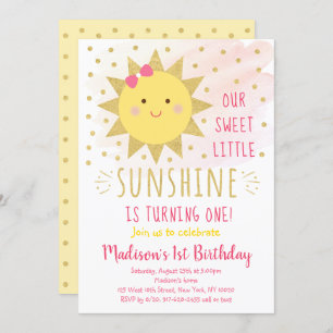 Sunshine Pink & Gold First Birthday Invitation