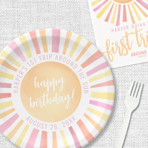 Sunshine Pink Sun 1st Birthday Party Paper Plate
