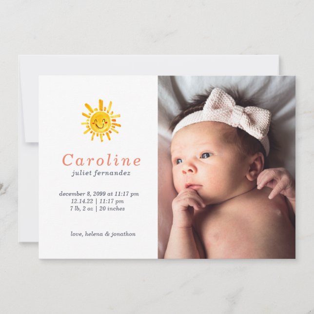 Sunshine Primary Name Baby Birth Announcement (Front)