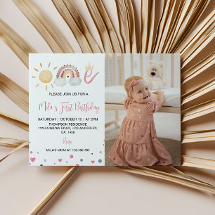 Sunshine Rainbow 1st Birthday Photo Invitation