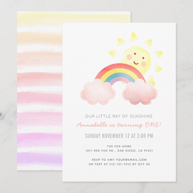 Sunshine & Rainbow Girl 1st Birthday Party Invitation (Front/Back)