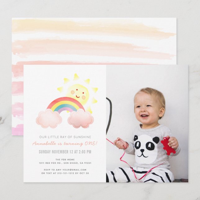 Sunshine & Rainbow Girl 1st Photo Birthday Party Invitation (Front/Back)