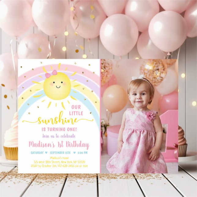 Sunshine Rainbow Pink Gold Pastel Birthday Invitation (Creator Uploaded)