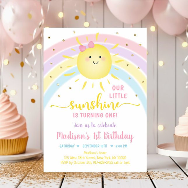 Sunshine Rainbow Pink Gold Pastel Birthday Invitation (Creator Uploaded)