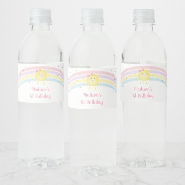 Sunshine Rainbow Pink Gold Pastel Birthday Water Bottle Label (Bottles)