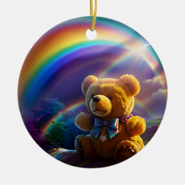 Sunshine Rainbow Teddy Bear Wonderland Ceramic Tree Decoration (Front)