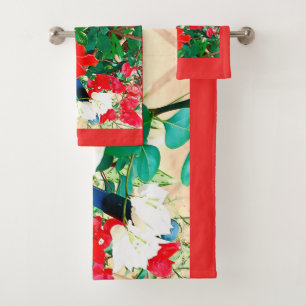 Sunshine Red Hibiscus Green Leaves Fall Colours Fu Bath Towel Set
