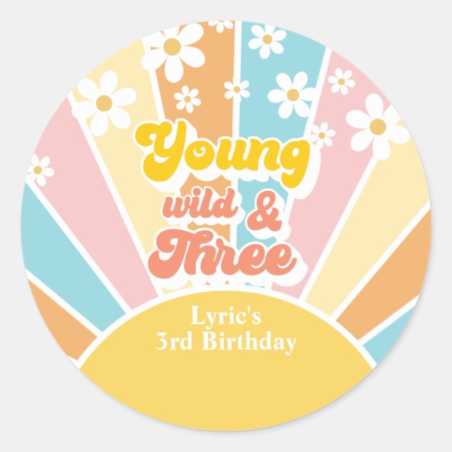Sunshine Retro daisy 3rd birthday Classic Round Sticker (Front)