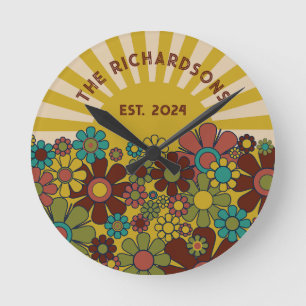 Sunshine Retro Garden Vintage 60s 70s Personalised Round Clock