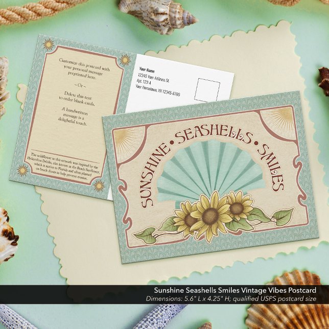 Sunshine Seashells Smiles Vintage Vibes Postcard (Sunshine, Seashells, & Smiles Vintage Vibes Postcard–Pre-print your return address for easy mailing.)