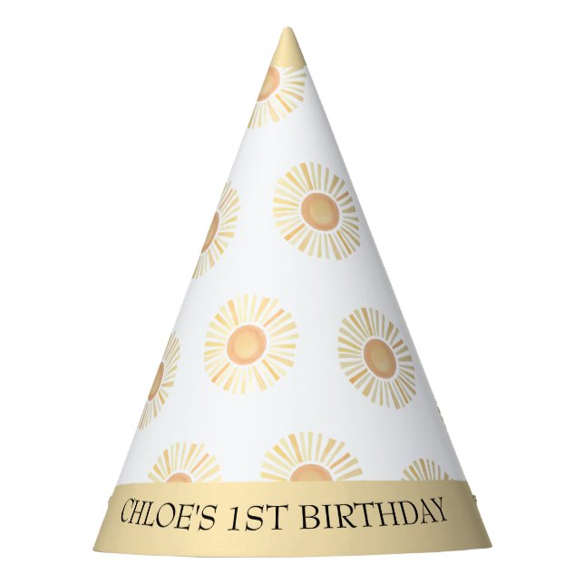 Sunshine Sun Boho First Birthday Yellow Bohemian Party Hat (Front)