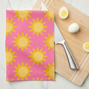 Sunshine Sun Pattern Design On Pink Tea Towel