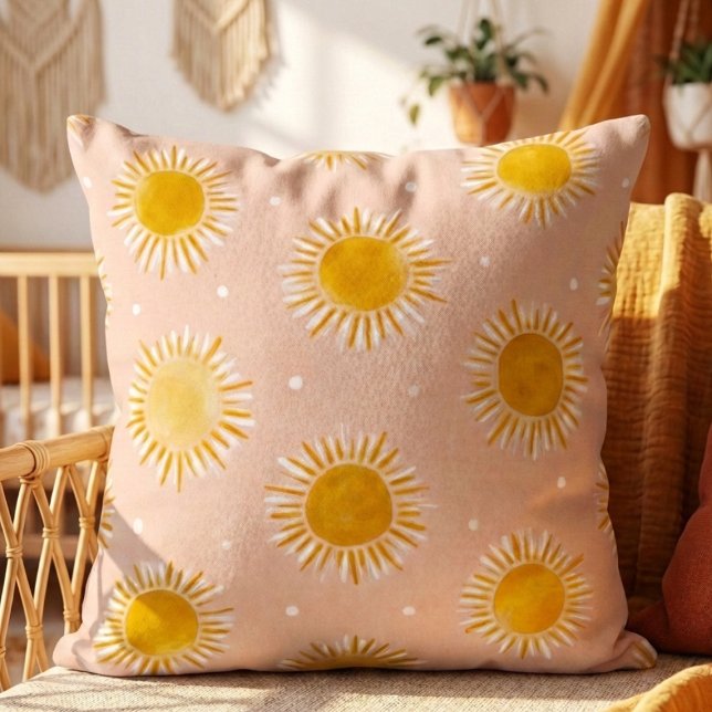 Sunshine Sun Pattern Throw Pillow (Soft nursery pillow with watercolor sun pattern on rattan chair in warm neutral room)