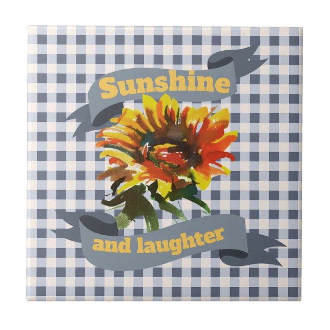 Sunshine Sunflower Blue-grey Gingham Tile (Front)