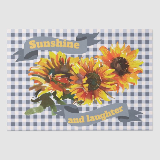 Sunshine Sunflower Blue-grey Gingham Tissue Paper (Front)