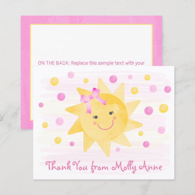 Sunshine Watercolor Cute Girly Pink Thank You Card (Front/Back)