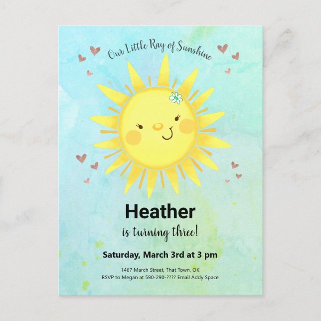 Sunshine Watercolor Kids Birthday Party Invitation Postcard (Front)