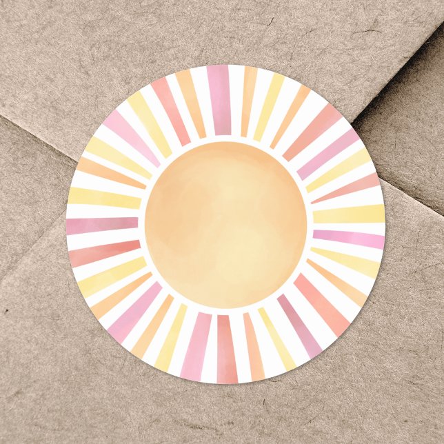 Sunshine Watercolor Pink Sun Classic Round Sticker (Sunshine Watercolor Pink Sun Classic Round Sticker)