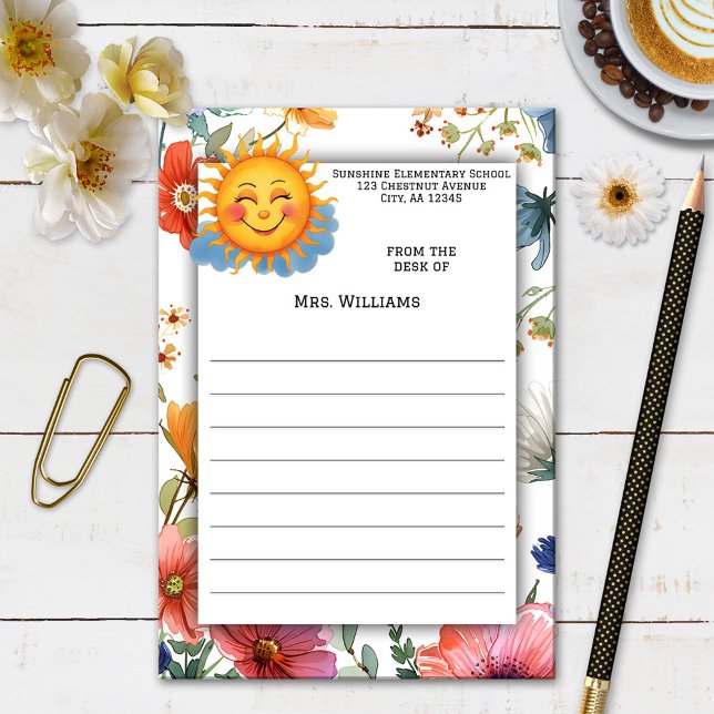 Sunshine Watercolor Wildflowers Teacher  Post-it Notes (Post it notes featuring a cute design with a smiling sun on background of watercolor wildflowers)