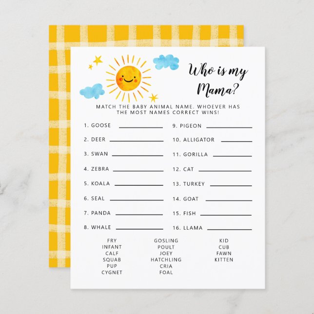 Sunshine Who Is My Mama Baby Shower Game (Front/Back)