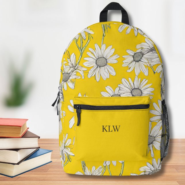 Sunshine Yellow and White Daisies Monogram  Printed Backpack (Creator Uploaded)