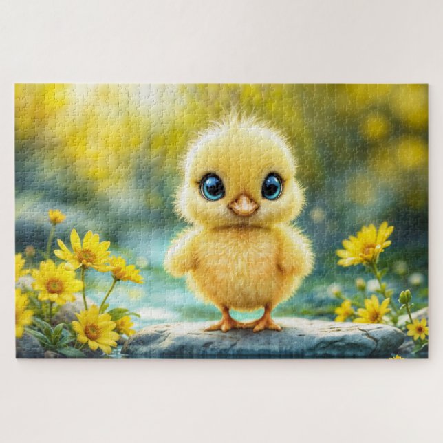 Sunshine yellow fluffy chicken blue - eyed bird jigsaw puzzle (Horizontal)