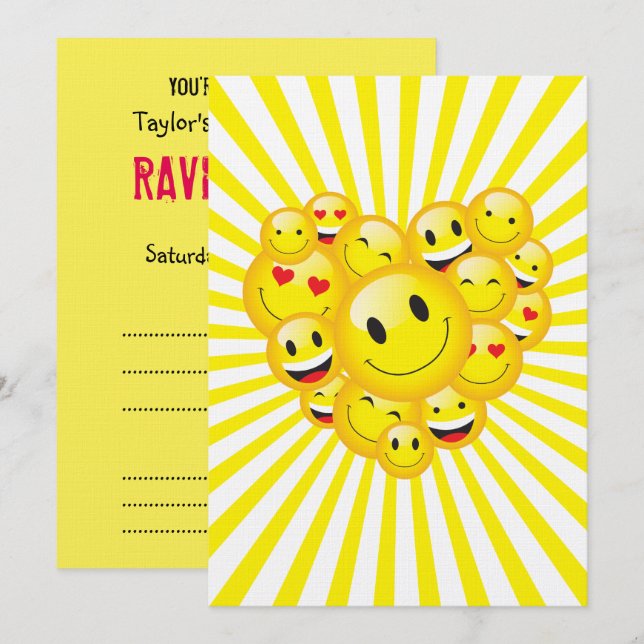Sunshine Yellow Happy Smile Faces Rave Party Invitation (Front/Back)