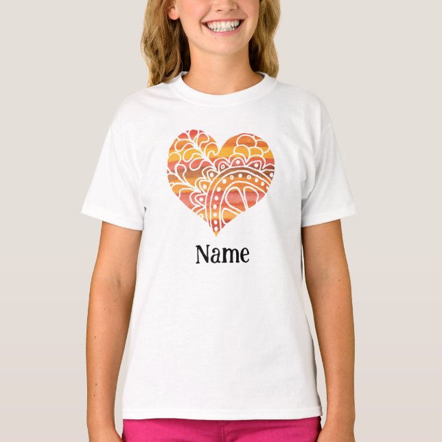Sunshine Yellow Orange Mandala Heart Customised T-Shirt (Front)