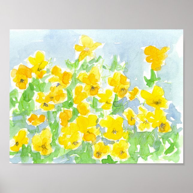 Sunshine Yellow Pansy Flowers Watercolor Painting Poster (Front)