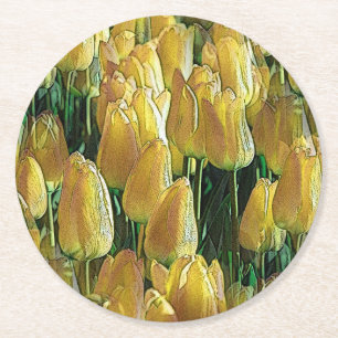 Sunshine Yellow Tulips Round Paper Coaster