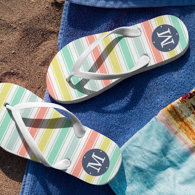 Sunwashed Neon Summer Cabana Stripe Monogram Jandals (Creator Uploaded)