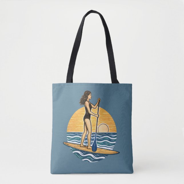 SUP Sunset Paddle | Blue Paddleboard Graphic Beach Tote Bag (Front)