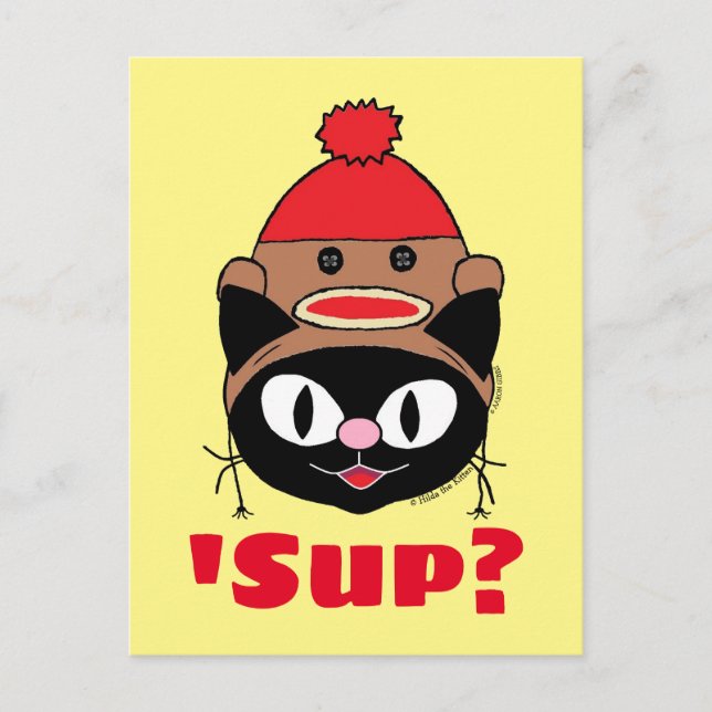 'Sup? (What's up) Cat Sock Monkey Hat postcard (Front)