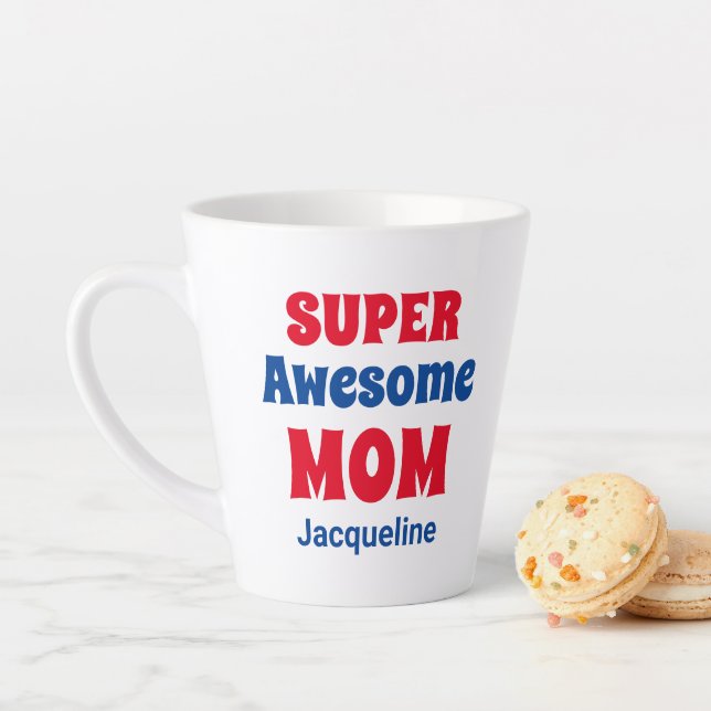 Super Awesome First Name Red and Blue Typography Latte Mug (In Situ)