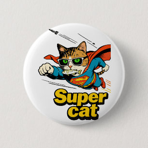 Super Cat Flying with Fish 6 Cm Round Badge