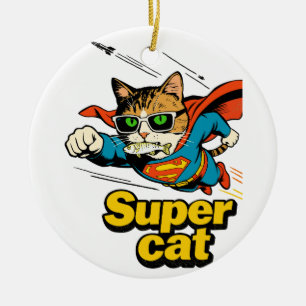 Super Cat Flying with Fish Ceramic Tree Decoration