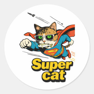 Super Cat Flying with Fish  Classic Round Sticker