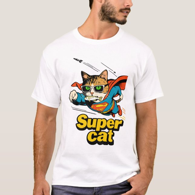 Super Cat Flying with Fish  T-Shirt (Front)