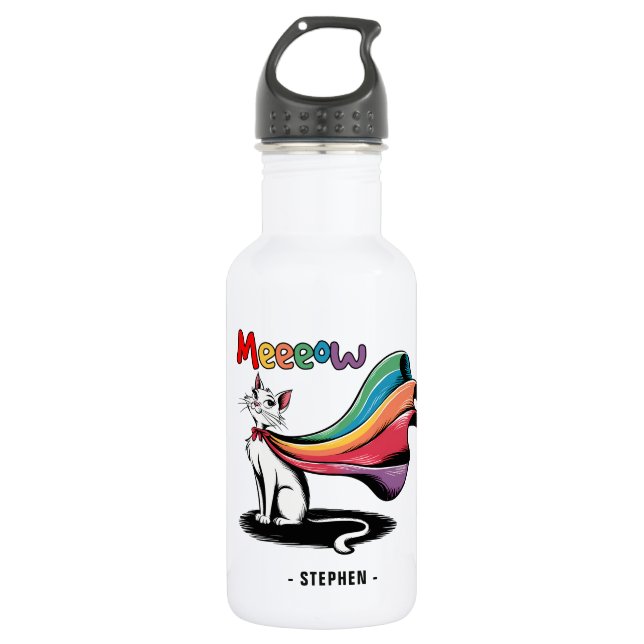 Super Cat Meeeow – Rainbow Cape Pride Cat 532 Ml Water Bottle (Front)