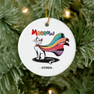 Super Cat Meeeow – Rainbow Cape Pride Cat Ceramic Tree Decoration