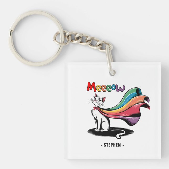 Super Cat Meeeow – Rainbow Cape Pride Cat Key Ring (Front)