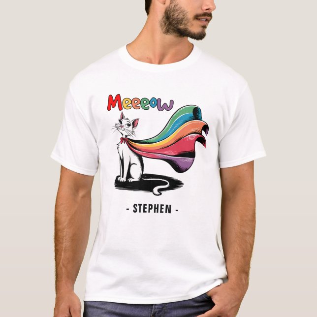 Super Cat Meeeow – Rainbow Cape Pride Cat T-Shirt (Front)