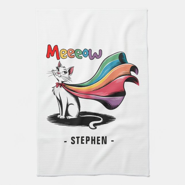 Super Cat Meeeow – Rainbow Cape Pride Cat Tea Towel (Vertical)
