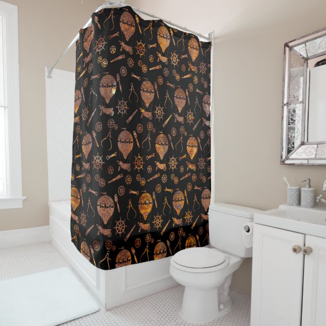 Super Colourful Rust Steampunk Balloon Theme Shower Curtain (In Situ)