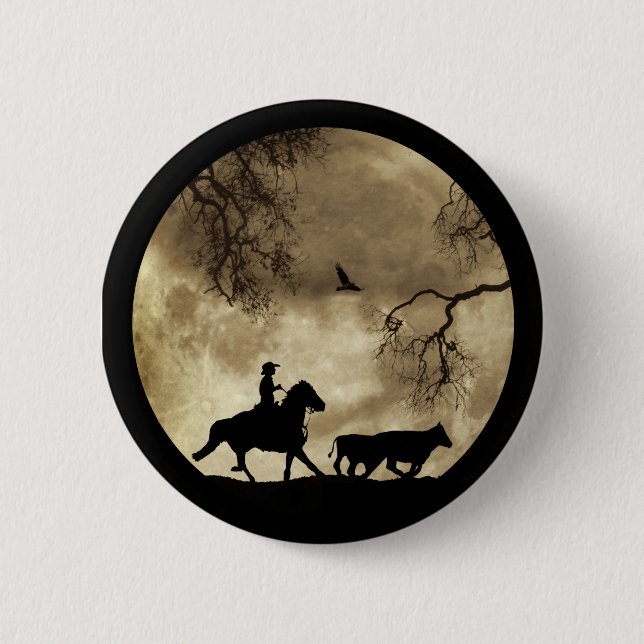 Super Cool Cowboy and Cattle With Moon 6 Cm Round Badge (Front)