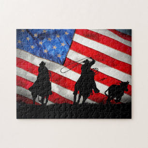 Super Cool Cowboys Roping Steer and Flag Jigsaw Puzzle