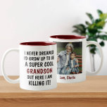 Super Cool Grandson Killing It With Custom Photo Two-Tone Coffee Mug<br><div class="desc">Surprise your grandson with a fun, personalised mug that brings together humour, love, and custom touches he'll truly appreciate! On one side, the mug features a bold and playful quote: "I never dreamed I'd grow up to be a super cool grandson, but here I am killing it!" On the other...</div>