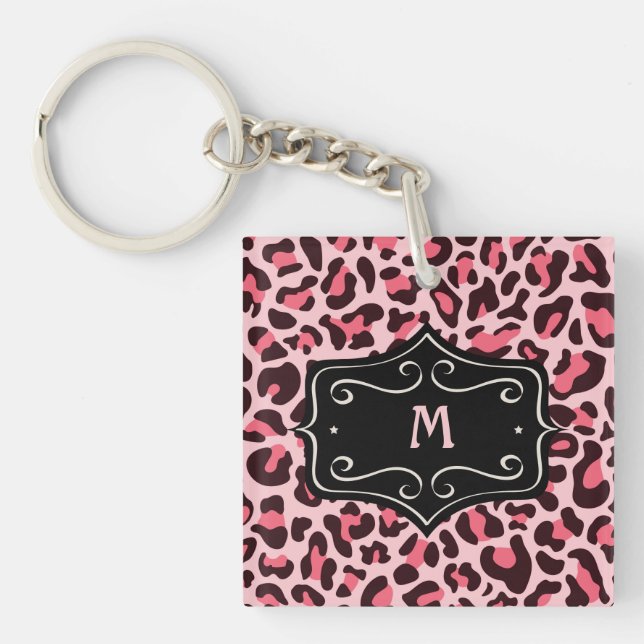 Super Cool Hot Pink Black Leopard Print Monogram K Key Ring (Front)