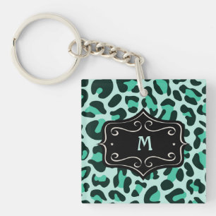 Super Cool Teal Aqua Blue Leopard Print Monogram  Key Ring