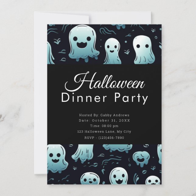 Super Cute Blue Ghosts Halloween Dinner Party Invitation (Front)